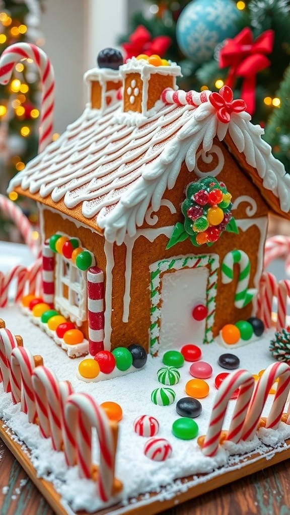 Easy Gingerbread House Recipe A decorated gingerbread house with colorful candies and icing on a festive table.